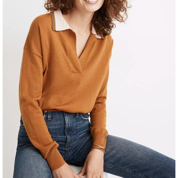 Madewell rust orange Colorblock Polo Long Sleeve Merino Wool Sweater - Picture 1 of 4
